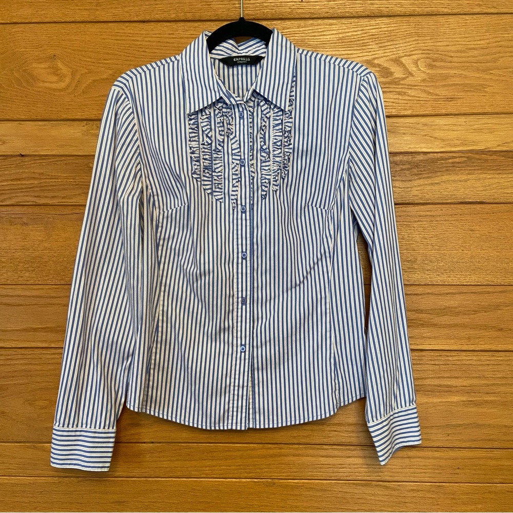 Y2K Express striped ruffle tuxedo button front shirt
